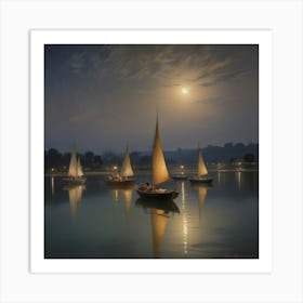 Sailboats At Night Art Print