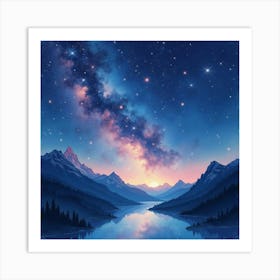 Celestial Watercolor Night Sky Over Mystical Mountains 1 Art Print