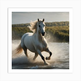 White Horse Running In Water 4 Art Print