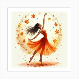 Watercolor Dancer Surrounded By Magical Autumn Leaves 1 Art Print