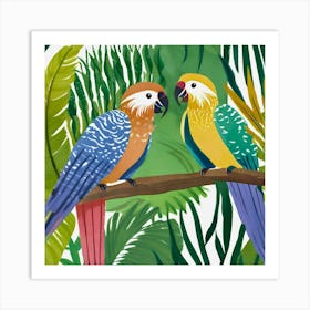 A Group Of Colorful Parrots Is Depicted Standing Close Together Against A Lush Green Jungle Background Art Print