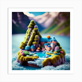 A mountain village consisting of several wooden huts surrounded by mountains 3 Art Print