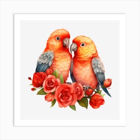 Two Parrots With Roses 1 Art Print