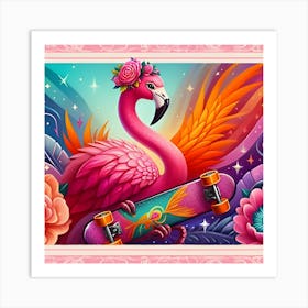 A Radiant Flamingo With A Sparkly Skateboard, Inspired By The Lively And Colorful Paintings Of Frida Kahlo, With A Bright Pink And Orange Palette, Where The Flamingo Is In Focus And The Background Is Blurred Into Vibrant Shapes (1) Art Print