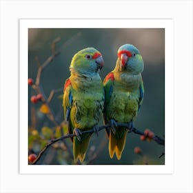 Two Parrots Perched On A Branch Art Print