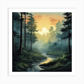 Forest Landscape Painting, Design An Artwork Of A Bustling City Street In The Rain Art Print