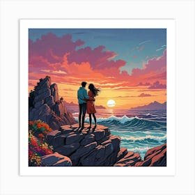 Ocean Sunset Beach With Couple Art Print (4) Art Print