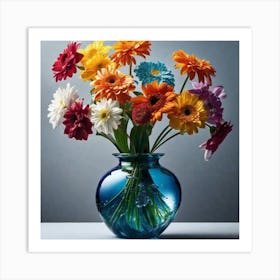 Colorful Flowers In A Blue Vase Art Print