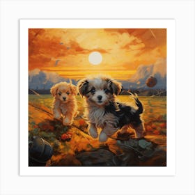 Puppies At Sunset Art Print