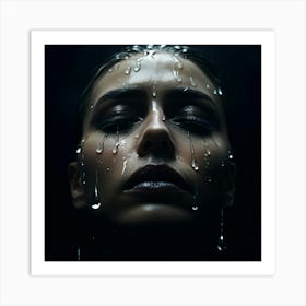 Close Up Photo Capturing An Oversized Glistening Tear Suspended On A Somber Face Dark Murky Backdro Art Print