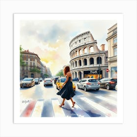 Woman Crossing The Street In Rome 1 Art Print