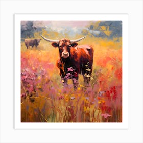 Longhorns In The Meadow Art Print