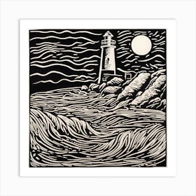 Lighthouse At Night Linocut Art Print