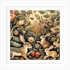 Playful Rabbits in The Garden Inspired by William Morris Art Print