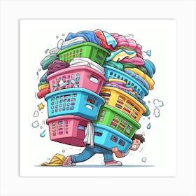 Cartoon Man Carrying Laundry Baskets 2 Art Print