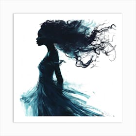 Silhouette Of A Woman In Blue Dress Art Print