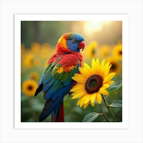 A Vibrant Parrot With Rainbow Feathers Perched On A Blooming Sunflower In A Fantasy Meadow Art Print