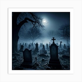 Frightened Souls Wandering Through A Mist Shrouded Graveyard On A Dark Halloween Night Eerie Full M (2) Art Print