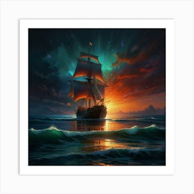 Sailing Ship At Sunset Art Print