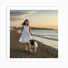 Little Girl With Pug On The Beach Art Print