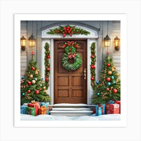 Christmas Decoration On Home Door Ultra Hd Realistic Vivid Colors Highly Detailed Uhd Drawing (4) Art Print