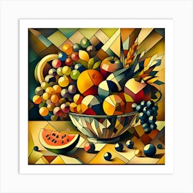 A Cubist Still Life Featuring Fruit In A Bowl 4 Art Print