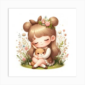 Cute Girl With Bunny Art Print
