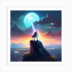 Fantasy Art: Knight Wielding A Glowing Sword Standing Atop A Cliff Art Print