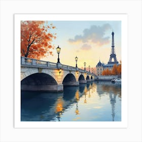 Parisian Bridge In Watercolor With Romantic Evening Lights And Soft Reflections 1 Art Print