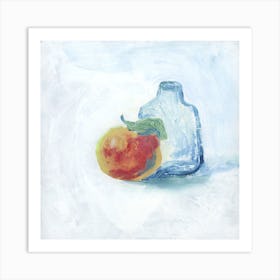 Apple And A Glass Bottle painting still life kitchen dining white light square Art Print