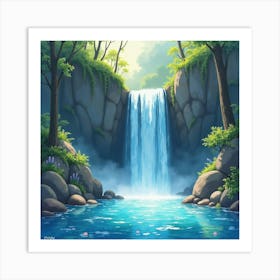 Enchanted Waterfall Cascading Into A Crystal Pool, Watercolor 1 Art Print