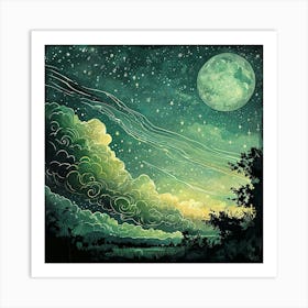 Textured Hand Drawn Night Landscape With Moonlit Sky Art Print