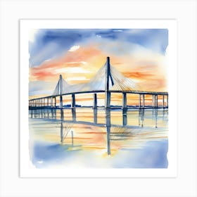 Accurate drawing and description. Sunset over the Arthur Ravenel Jr. Bridge in Charleston. Blue water and sunset reflections on the water. Watercolor.9 Art Print