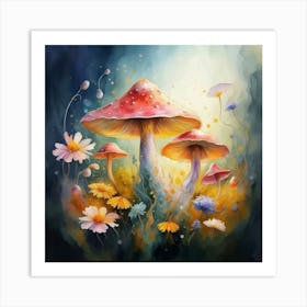 Mushrooms And Flowers Ethereal Watercolor Techniques Art Print