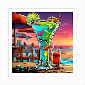 A Cartoon Adventure Of A Dirty Martini At The Beach Art Print