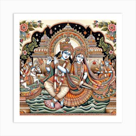 Radha and Lord Krishna Madhubani art Painting Indian Traditional Style Art Print