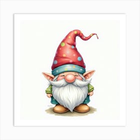 Charming Gnome With A Colorful Hat, Watercolor 1 Art Print