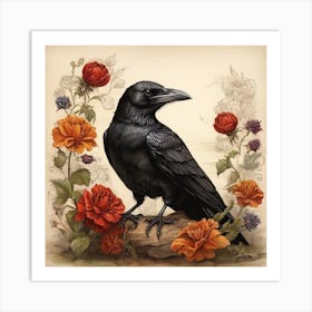 Crow With Roses Art Print