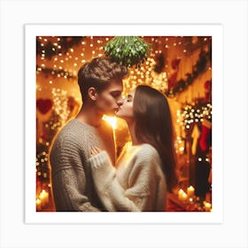 Couple Kissing In Front Of Christmas Lights Art Print