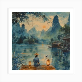 Life is like a dream, and we should cherish the present moment like offering a toast to the moon reflected in the river. Art Print