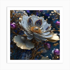 Beautiful Flowers In Blue And Gold Art Print