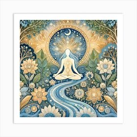 Tranquil Meditation Illustration with Natural Elements – Serene and Spiritual Art Art Print