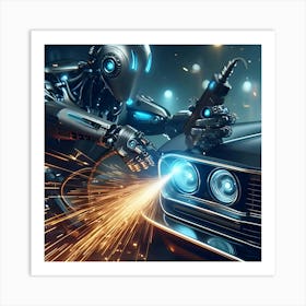 Futuristic Robot Working On Muscle Car 4 Art Print