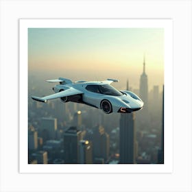 Sleek Flying Car With Retractable Wings, Soaring Above A Futuristic Skyline 1 Art Print