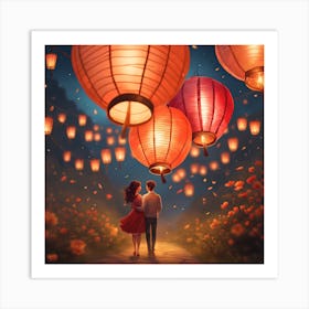 Couple Holding Lanterns Art Print