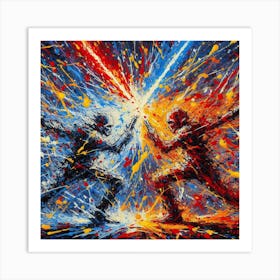 Two Star Wars Fighters Fighting, Lightsaber Symphony: A Duel in Color and Chaos Art Print