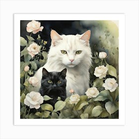 Black Cats And Roses Art Print