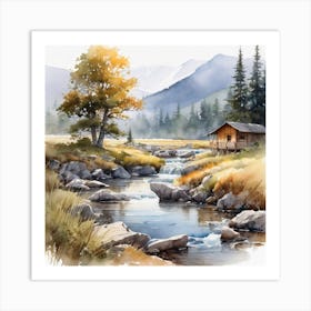 Watercolor Of A Mountain Stream Art Print