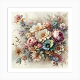 A Breathtakingly Detailed, Ultra High Resolution Illustration Of Exquisite Flowers As Wallpaper Art, Set Against A Soft, Creamy White Background, With Delicate Petals And Intricate Patterns Bursting With Vibrant Colors 3 Art Print