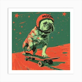 Space Bulldog On A Skateboard, screen printing art print Art Print